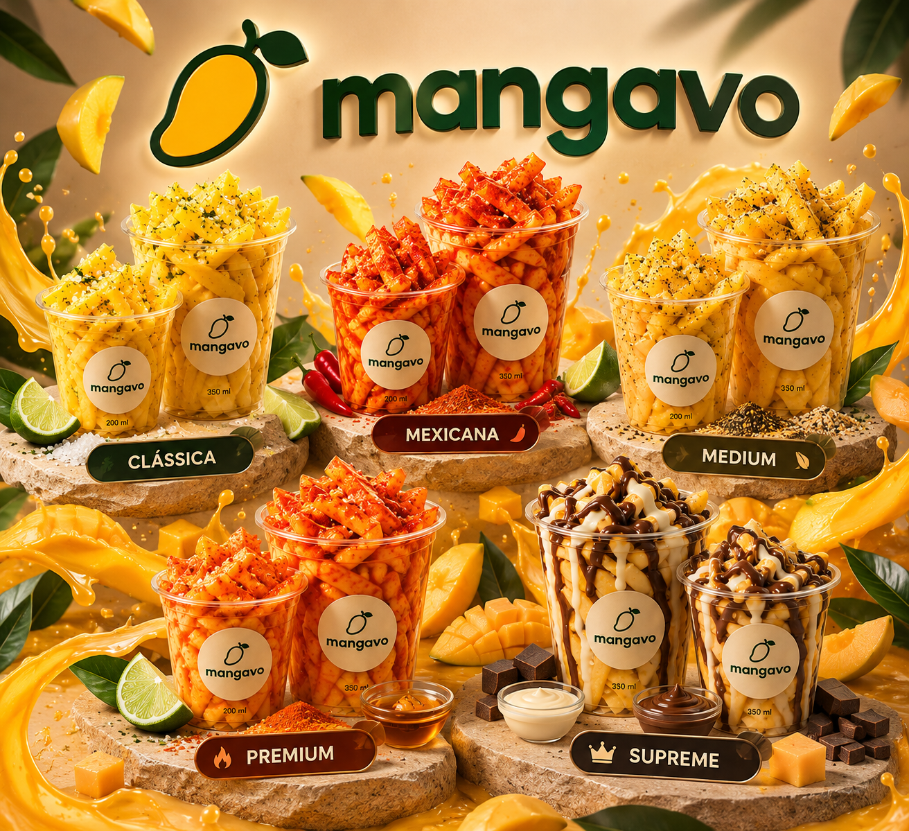 Os cinco sabores Mangavo: Clássica, Mexicana, Medium, Premium e Supreme